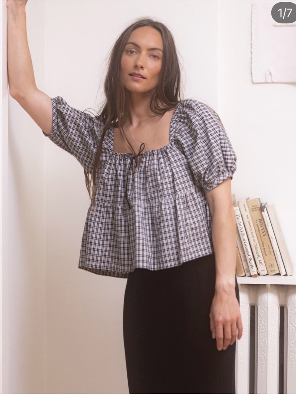 Square-Neck Checked Puff-Sleeve Blouse - Black & White